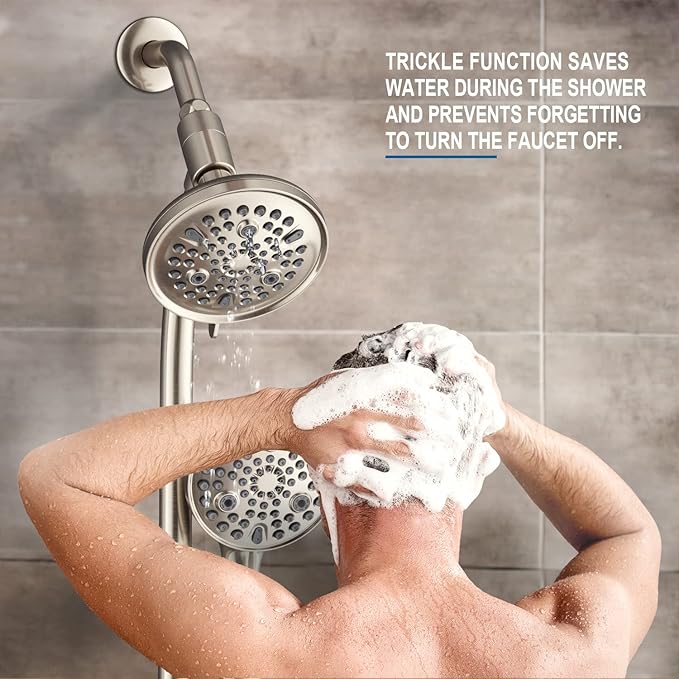 High Pressure Handheld/Rain 82-mode 3-way Shower Head Combo with 25.75" Adjustable Drill-free Stainless Steel Slide Bar, Pet &amp; Tub Power Wash and Anti-clog Nozzles, with 5ft Hose - Brush Nickel