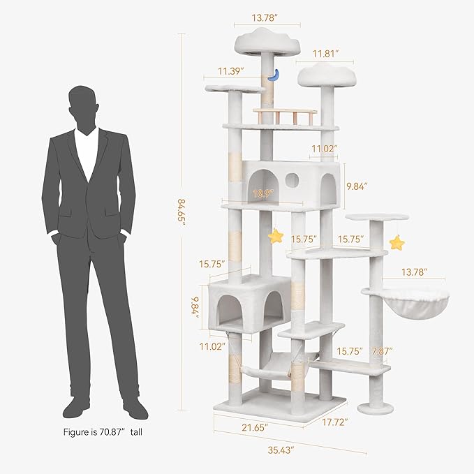 85in Tall Cat Tower for Heavy Duty Big Cats, Large Cat Tree with Scratching Post, Plush Perches, Cozy Cat Condos &amp; Hanging Hammocks for Maine Coon, White