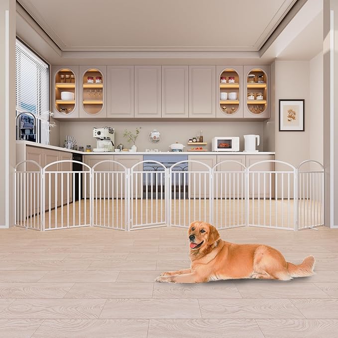 8 Panles Full Matel Freestanding Dog Gates with Door, 192"Extra Wide 32"Tall Free Standing Dog Pet Gate for Indoor &amp; Outdoor. Foldable Pet Fences for Doorways, House, Stairs, Porch, Deck, Yard