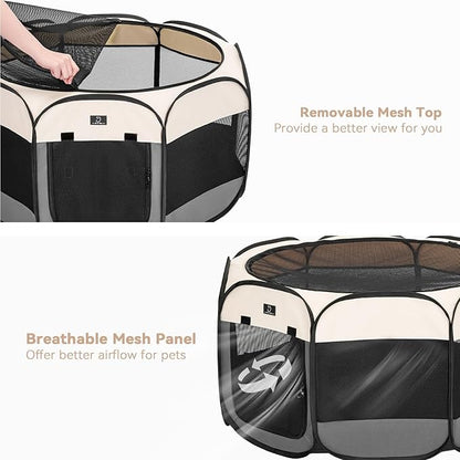 A4Pet Dog Playpen Indoor, 49” Portable Playpen with Bowl, Suitable for Puppies, Kittens, and Small Animals, Removable Zipper &amp; Mesh Panel(16”W × 10”H)