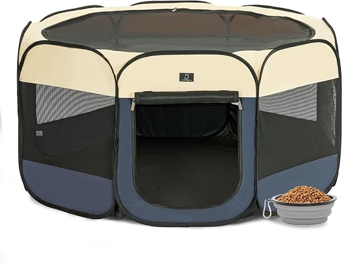 A4Pet Collapsible Playpen, 39.5” Portable Dog Playpen with Bowl, Suitable for Puppies, Kittens, and Small Animals, Removable Zipper &amp; Mesh Panel(16”W × 10”H)