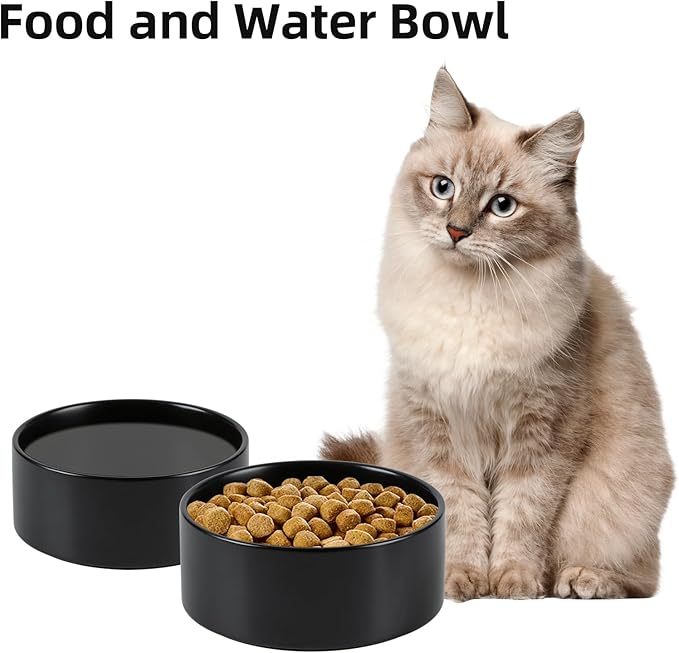 Ceramic 5.1inch Set of 2 Dog and Cat Bowls, Food and Water Feeder for Small Breed Dogs, Kitty, Cats, 2pcs Dog &amp; Cat Dishes(2 Bowls, Black)