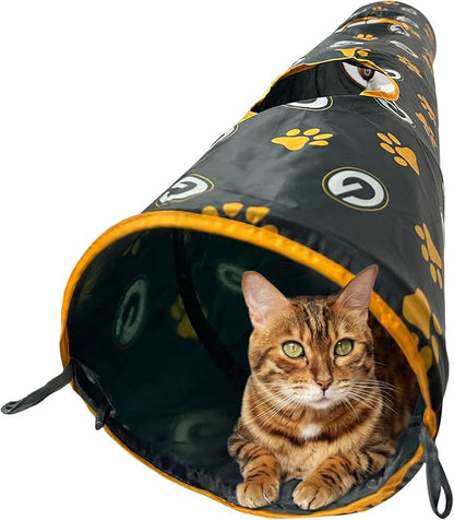 NFL Green Bay Packers Cat Tunnel Tube Toy with Plush Football Catnip and Feathers Collapsible Tunnel for Cats to Play, Peek and Hide, Sporty &amp; Fun Cat Tunnel Toy with Team Logo All-Over Design!