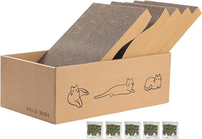 Poils bebe 5 PCS Cat Scratcher with Box, Reversible Cat Scratchers for Indoor Cats, Cardboard Cat Scratcher with Catnip, 2 Curved and 3 Flat Boards for Scratching Bed