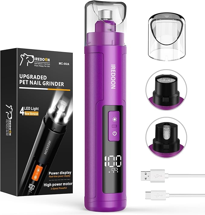 Dog Nail Grinder Upgraded - Professional 3-Speed Super Quiet and Low Vibration Electric Pet Nail Grinder with 4 LED Lights - Painless Paws Grooming &amp; Smoothing for Small to Large Dogs (Purple)