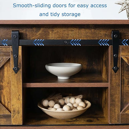 Entryway Table with Storage, Farmhouse Buffet Cabinet Coffee Bar Kitchen Island with Sliding Barn Doors &amp; Shelves, Console Table for Kitchen, Dining Room, Living Room, Brown