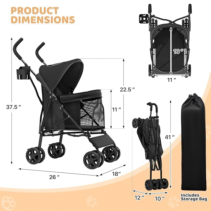 Magshion Compact Pet Stroller for Small-Medium Dogs/Cats up to 22lbs, 4-Wheel Lightweight Umbrella Shaped Portable Puppy Travel Jogger with Breathable Mesh, Cup Holder &amp; Rear Storage, Black