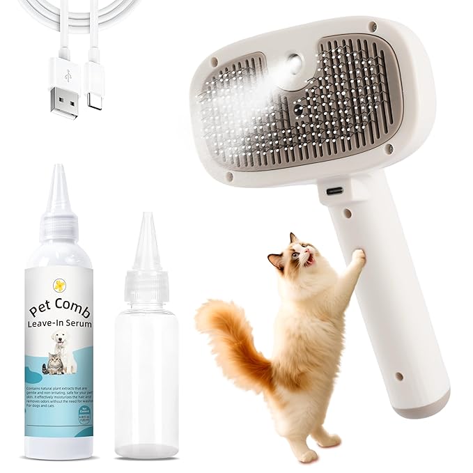 Cat Steam Brush, Dog Brush for Shedding, Pet Spray Hair Removal Comb, Pet Grooming Brush for Short &amp; Long Haired Dogs &amp; Cats,Spritz Defur Comb with Waterless Shampoo (White)