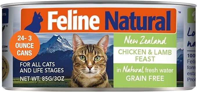 Feline Natural New Zealand Canned Catfood Wet Food, High-Meat, Low-Carb, &amp; Grain Free Cat Food Wet, Chicken &amp; Lamb Feast, 3 oz, Pack of 24