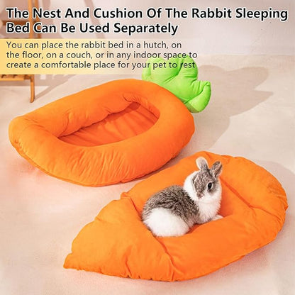 Rabbit Bed,Thick&amp;Soft Bunny Bed with Removable Cushion,Machine Washable with Rattan Mat &amp; Heart Decor,Cozy Warm Small Animal Sleeping Beds (Carrot Shape-L)