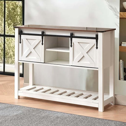 Entryway Table with Storage, Farmhouse Buffet Cabinet Coffee Bar Kitchen Island with Sliding Barn Doors &amp; Shelves, Console Table for Kitchen, Dining Room, Living Room, White