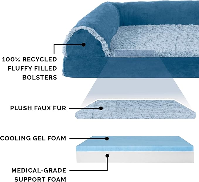 Furhaven Cooling Gel Dog Bed for Large Dogs w/ Removable Bolsters &amp; Washable Cover, For Dogs Up to 125 lbs - Two-Tone Plush Faux Fur &amp; Suede L Shaped Chaise - Marine Blue, Jumbo Plus/XXL