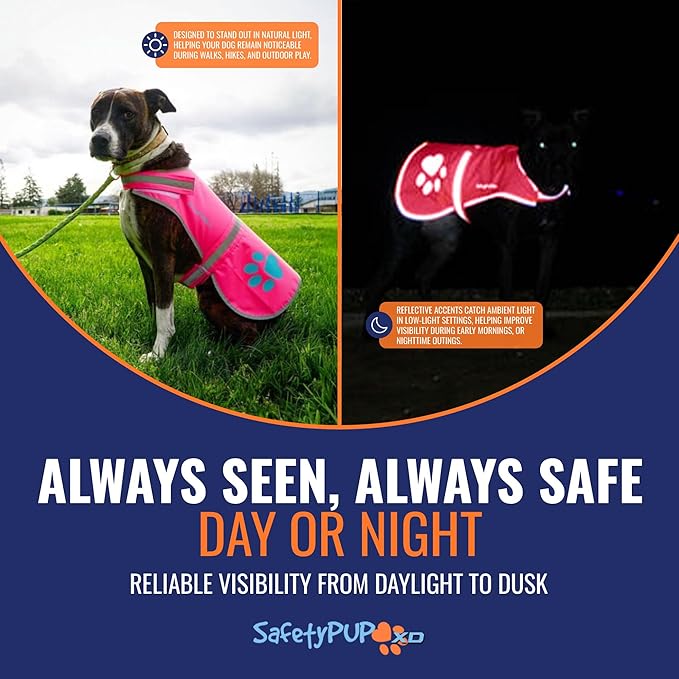 Dog Reflective Vest – Hi-Vis Fluorescent Visibility That Helps to Safeguard Your Pet On/Off Leash in Urban &amp; Rural Areas (Pink, Medium)