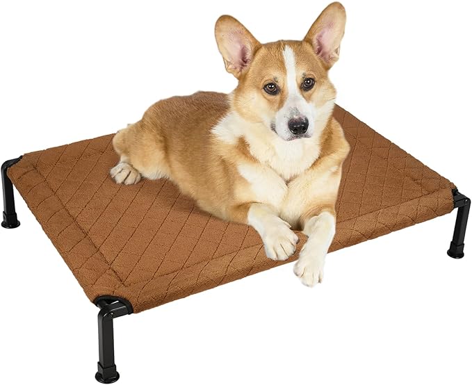Veehoo Soft Plush Elevated Dog Bed, Raised Dog Beds with Heavy Duty Frame, Non-Slip Silicon Feet, Washable &amp; Breathable Pet Cot for Indoor or Outdoor Use, 35" x 22", Brown, CWC2432A