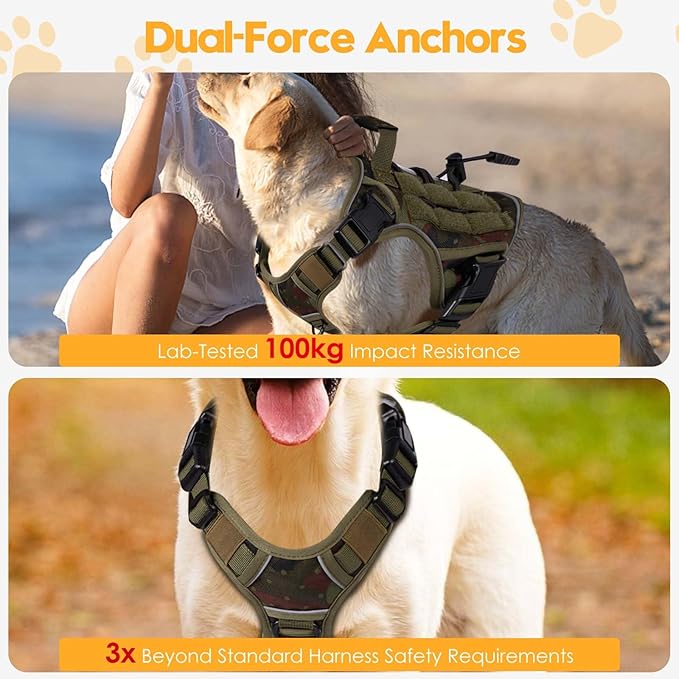 Heavy-Duty Tactical Dog Harness for Large Dogs, No Pull Adjustable Reflective Pet Vest with Molle System, K9 Military-Grade Control for Service Training, Outdoor &amp; 10+ Breeds, Green Camo, Small