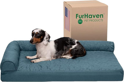 Furhaven Cooling Gel Dog Bed for Medium/Small Dogs w/ Removable Bolsters &amp; Washable Cover, For Dogs Up to 35 lbs - Pinsonic Quilted Paw L Shaped Chaise - Bluestone, Medium