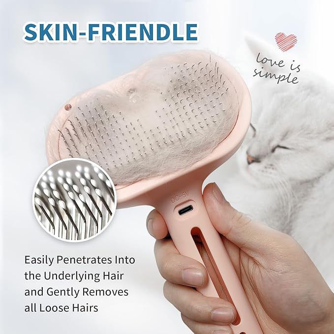 3-in-1 Self-Cleaning Steam Brush - Anti-Static, for Grooming Long &amp; Short Pet Hair, Reduces Shedding, Pink