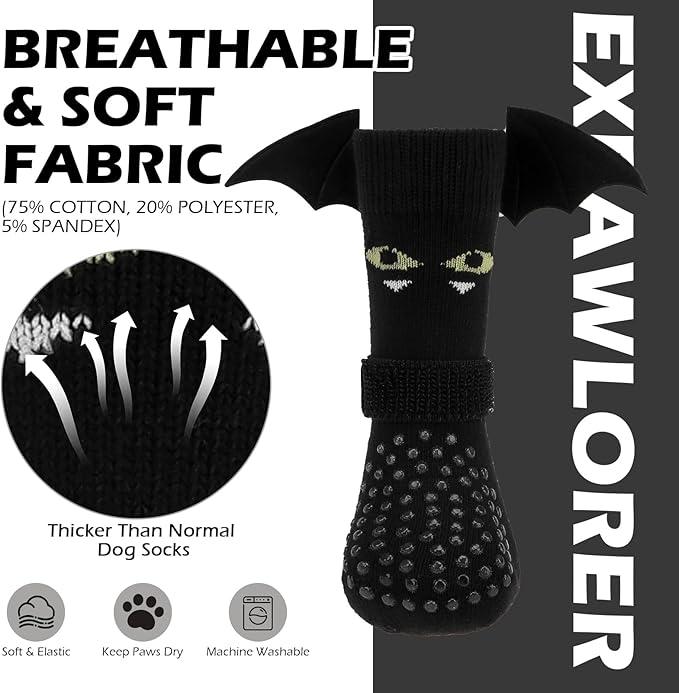 EXPAWLORER Halloween Anti Slip Dog Socks to Prevent Licking Paws, Boots &amp; Paw Protectors with Grippers,Doggie Booties for Hardwood Floors for Small Medium Large Senior Dogs Costume Black Devil Wings S