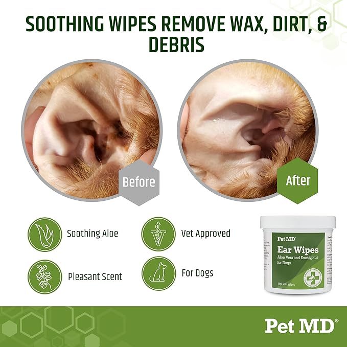 Pet MD Dog Ear Cleaning Wipes with Aloe and Eucalyptus + Veterinary Tris Flush Cat &amp; Dog Ear Cleaner
