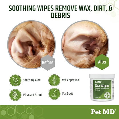 Pet MD Dog Ear Cleaning Wipes with Aloe and Eucalyptus + Veterinary Tris Flush Cat &amp; Dog Ear Cleaner