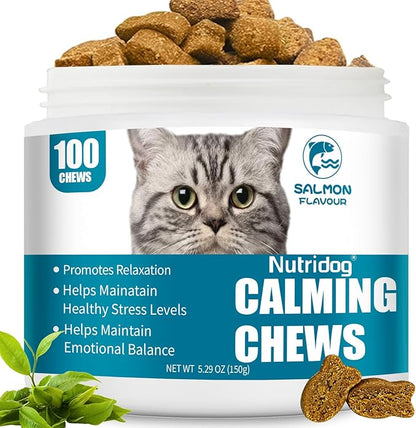 Cat Calming Treats - 100 Count Salmon Chews with Organic Chamomile &amp; Ginger, Stress Relief Supplement for Separation Anxiety, Vet Visits &amp; Thunderstorms (Salmon)