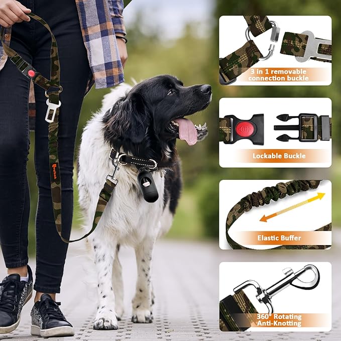 Removable Dog Seat Belt Harness for Car, 3 in 1 Pet Dog Car Seatbelt Leash, Retractable Restraint Secures to Vehicle Headrest &amp; Adjustable Reflective Bungee Dog Seatbelt Tether, Camouflage