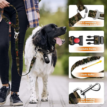 Removable Dog Seat Belt Harness for Car, 3 in 1 Pet Dog Car Seatbelt Leash, Retractable Restraint Secures to Vehicle Headrest &amp; Adjustable Reflective Bungee Dog Seatbelt Tether, Camouflage