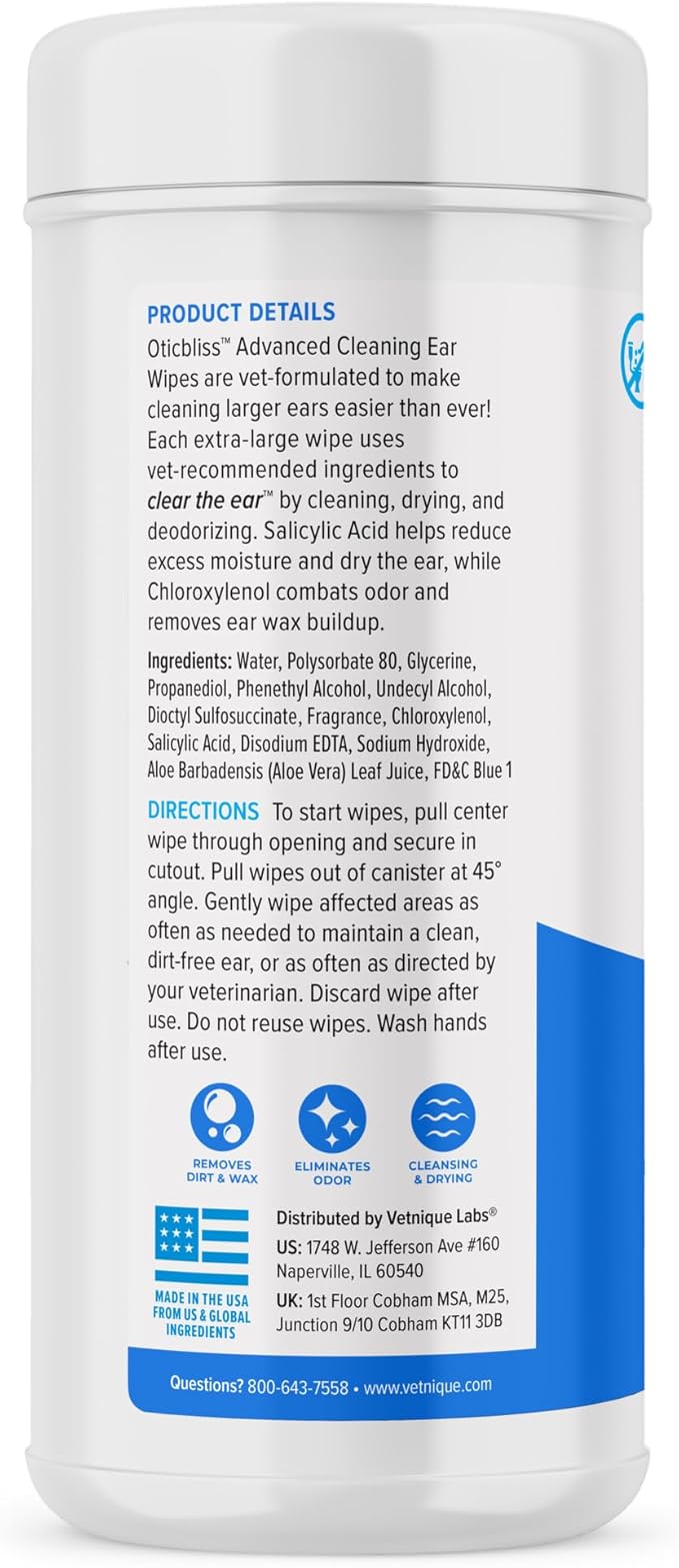 Vetnique Oticbliss Advanced Cleaning Ear Wipes for Dogs for Odor Control, Dirt and Wax Removal with Soothing Aloe Vera, Salicylic Acid &amp; Vitamin E, (Ear Cleaning Wipes, Advanced Cleaning Large)