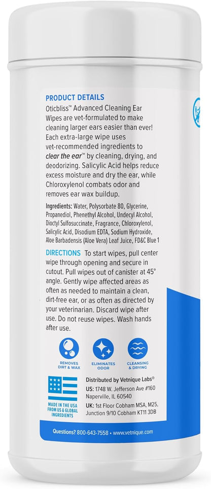 Vetnique Oticbliss Advanced Cleaning Ear Wipes for Dogs for Odor Control, Dirt and Wax Removal with Soothing Aloe Vera, Salicylic Acid &amp; Vitamin E, (Ear Cleaning Wipes, Advanced Cleaning Large)