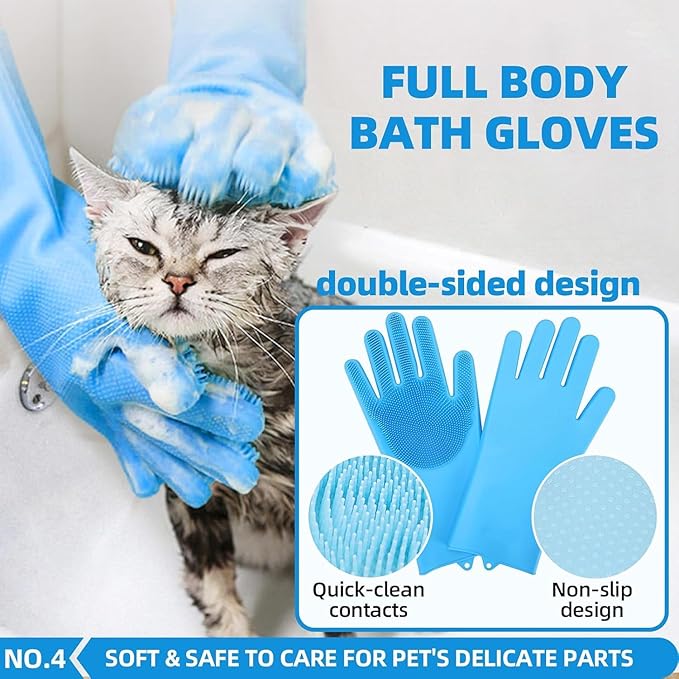 Bath Grooming Kit with Hair Brush, Towel &amp; Scrubber Gloves - 6-in-1 Slicker Brush for Shedding Dogs &amp; Cats, Blue