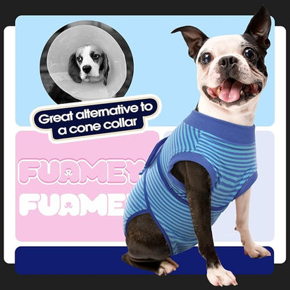 FUAMEY Recovery Suit for Dogs After Surgery,Soft Breathable Dog Bodysuit E-Collar &amp; Cone Alternative Surgical Suit,Male Female Dog Neuter Spay Suits Anti Licking Wounds Onesie Navy Blue Strips XXL