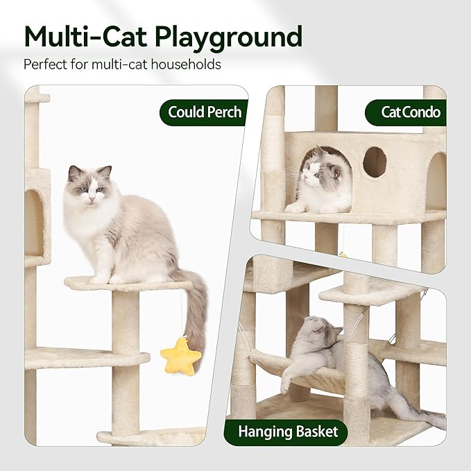 85inch Heavy Duty Cat Tree for Indoor Cats Large Adult, Tall Giant Cat Tower with Scratching Post, Large Perches, Cozy Cat Condos &amp; Hanging Hammocks, Beige