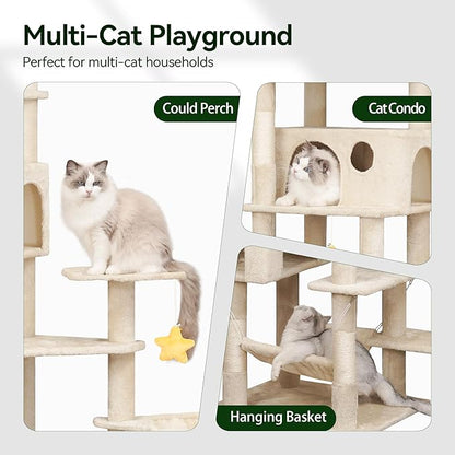 85inch Heavy Duty Cat Tree for Indoor Cats Large Adult, Tall Giant Cat Tower with Scratching Post, Large Perches, Cozy Cat Condos &amp; Hanging Hammocks, Beige