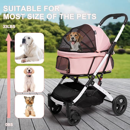 Pet Stroller for Medium Small Dog &amp; Cat, Foldable Lightweight Dog Stroller with Storage Basket Pet Travel Carriage with Safety Leashes, 4 Wheel, Pink