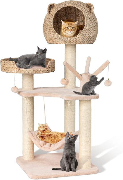 PETSITE Woven Cat Tree, Modern Cat Tower with Hammock &amp; Scratching Posts, Cattail Condo &amp; Top Perch, Cat Activity Tree for Indoor Cats