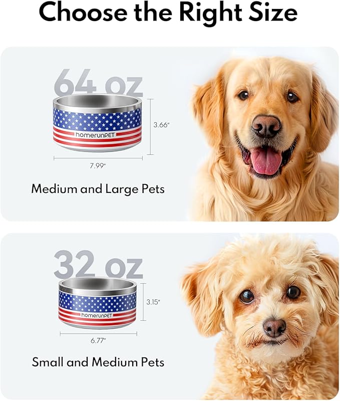 Homerunpet Double Wall Stainless Steel Dog Bowls, Non-Slip Base, Dishwasher Safe, Durable Pet Food &amp; Water Bowl for Dogs &amp; Cats(32oz, American Flag)