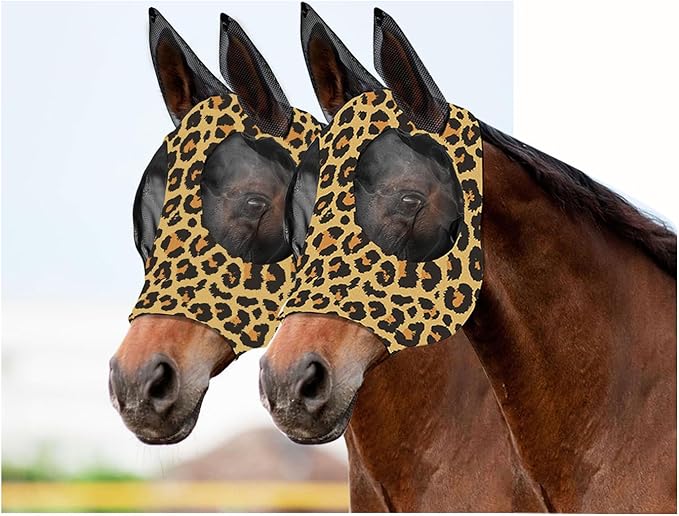 Horse Fly Mask with Ears - Comfort Fit, Durable &amp; Breathable, Easy to on/Off | UV Protection, Large Eye Space, Stretchy Leopard Print (2pcs Large, Tangle-Free)