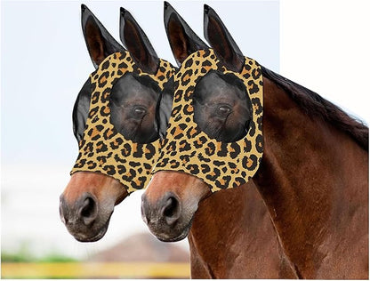 Horse Fly Mask with Ears - Comfort Fit, Durable &amp; Breathable, Easy to on/Off | UV Protection, Large Eye Space, Stretchy Leopard Print (2pcs Large, Tangle-Free)