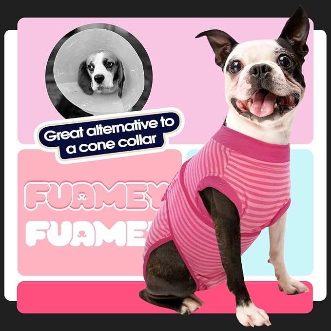 FUAMEY Recovery Suit for Dogs After Surgery,Soft Breathable Dog Bodysuit E-Collar &amp; Cone Alternative Surgical Suit,Male Female Dog Neuter Spay Suits Anti Licking Wounds Onesie Rose Stripes S