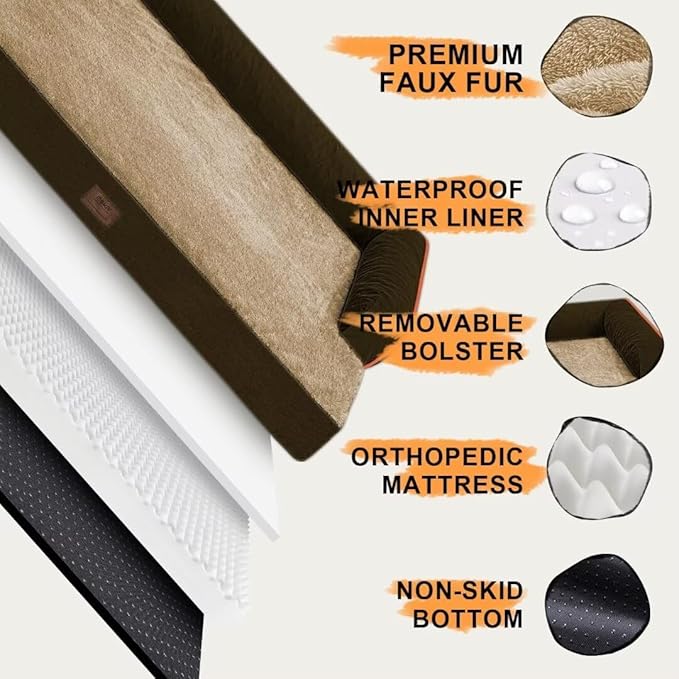 Large Dog Bed Orthopedic Washable: Extra Brown Large Big Dog Bed with Removable Bolster &amp; Memory Foam Couch Sofa - Waterproof Washable with Cover