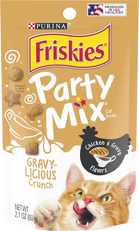 Purina Friskies Party Mix Cat Treats, Gravy-Licious Crunch with Chicken &amp; Gravy Flavors, Crunchy Treats for Cats, 2.1 Ounce Resealable Pouch (Pack of 3)