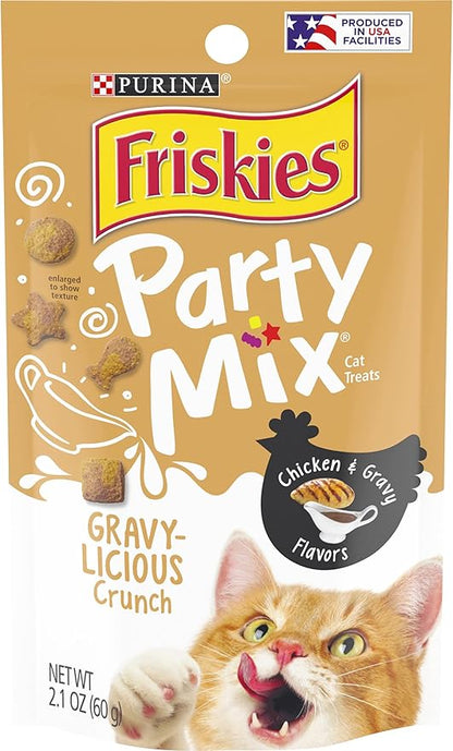Purina Friskies Party Mix Cat Treats, Gravy-Licious Crunch with Chicken &amp; Gravy Flavors, Crunchy Treats for Cats, 2.1 Ounce Resealable Pouch (Pack of 3)
