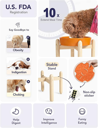 LE TAUCI Ceramic Slow Feeder Puzzle Bowl Elevated 1.5 Cup with Wooden Stand for Small &amp; Medium Dog, Fast Eater Food Bowl Sun Orange