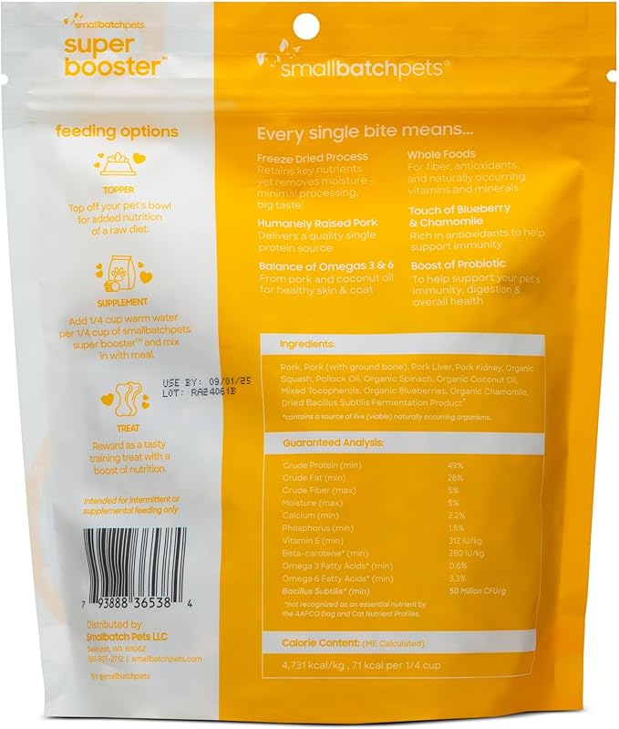 smallbatch Freeze Dried Dog Treats, Superfood Food Topper Pork Bites for Dogs &amp; Cats, Probiotics, Organic Ingredients, High Protein, Grain Free Healthy Treat &amp; Food Topper, Made in The USA, 7 oz Bag