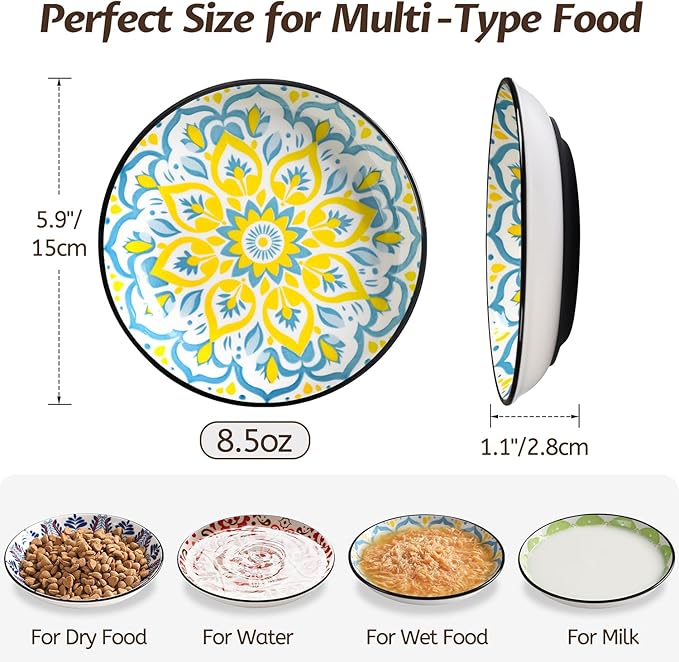 Non-Slip Cat Bowl,Ceramic Cat Food Bowls with Silicone Bottom, Anti-Whisker Fatigue Cats Dishes Set, Shallow &amp; Wide Kitten Plates for Food and Water, 4 Pack