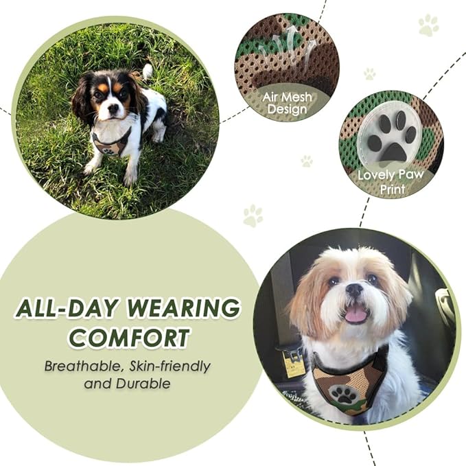 SlowTon Dog Seat Belt Harness for Car, Dog Car Harness Adjustable Mesh Breathable &amp; Dog Seatbelt Safety Tether with Elastic Bungee for Small Medium Large Pets(Camouflage, Double Clip, L)