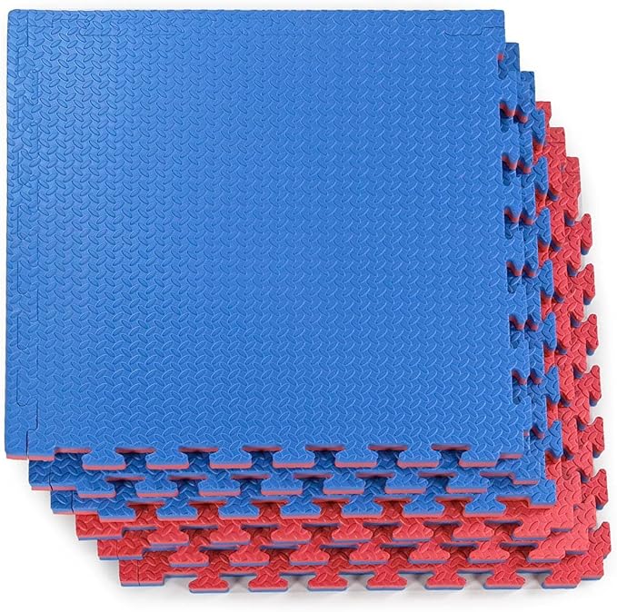 Xspec 1" Extra Thick 48 sq ft Reversible EVA Gym Foam Floor Mat Tiles (24" x 24"), Steel Pattern, 12 pcs, Blue &amp; Red