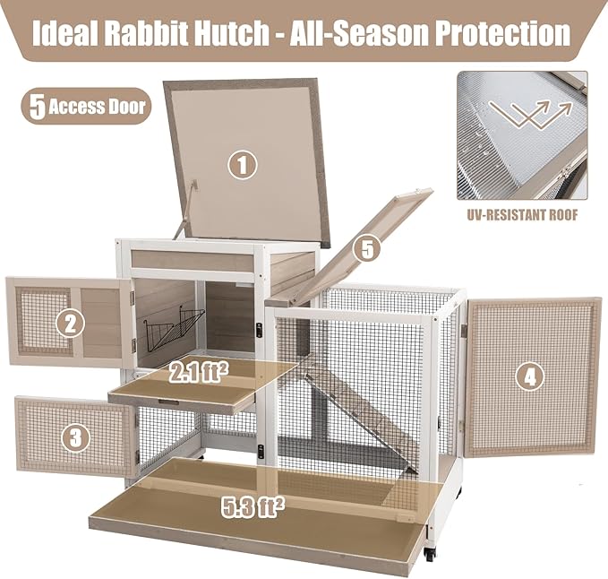 Rabbit Hutch Indoor 40" L Large 2 Story Outdoor Wooden Bunny Hutch with Run, 4 Metal Wheels &amp; 2 Deeper Trays, UV-Proof Panel Rabbit Cage Guinea Pig Pet House for Small-Medium Animals