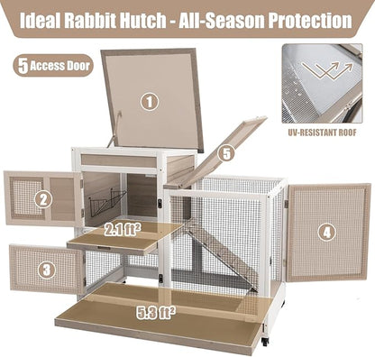 Rabbit Hutch Indoor 40" L Large 2 Story Outdoor Wooden Bunny Hutch with Run, 4 Metal Wheels &amp; 2 Deeper Trays, UV-Proof Panel Rabbit Cage Guinea Pig Pet House for Small-Medium Animals