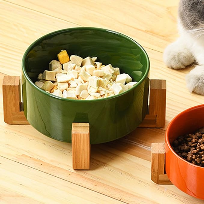 Petygooing Ceramic Dog Bowl Set with Stand, Cat &amp; Dog Food and Water Bowls, Medium Size - Anti-Slip Set of 2 - 28 OZ /3.6 Cups - Rust Green